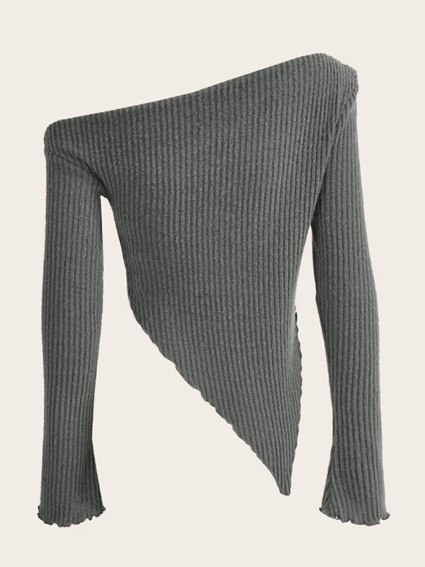 fotobeyou Grey One Shoulder Irregular Ruffle Knit Fashion Daily Fashion Maternity Sweater Top