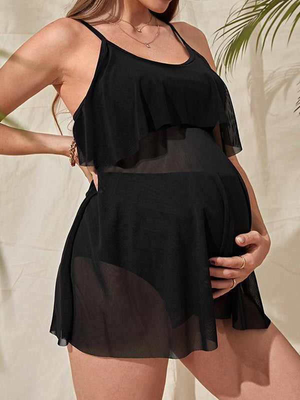 fotobeyou Black Two Piece Chiffon Ruffle Sheer Cami Bathing Suits Beach Pool Bikin Chic Maternity Baby Moon Swimwear