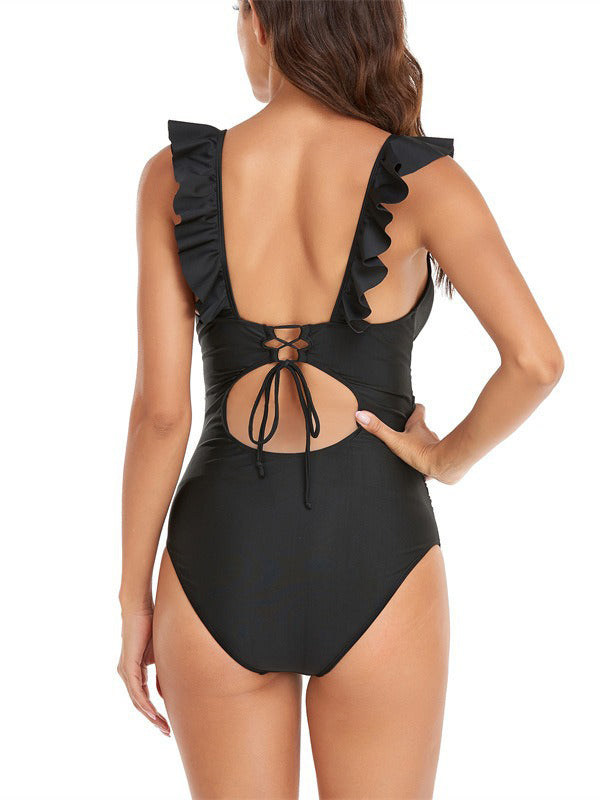 fotobeyou Black Ruffle Back Cut Out One Piece Fashion Beach Vacation Fashion Maternity Swimsuit Swimwear