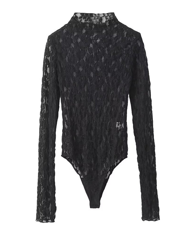 fotobeyou Black Lace Sheer 2-in-1 Long Sleeve Bodysuit Bodycon Photoshoot Maternity Jumpsuits