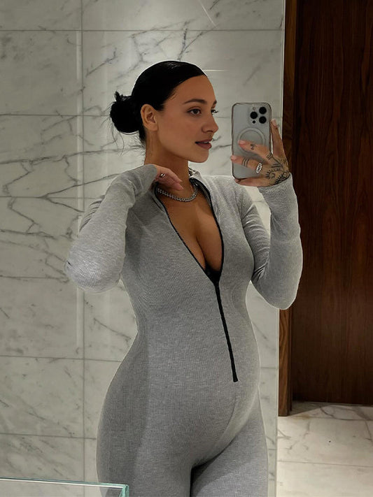 fotobeyou Zipper Solid Color Bodycon Daily Casual Yoga Sport Exercise Maternity Jumpsuit