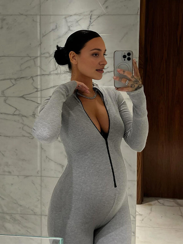 fotobeyou Zipper Solid Color Bodycon Daily Casual Yoga Sport Exercise Maternity Jumpsuit