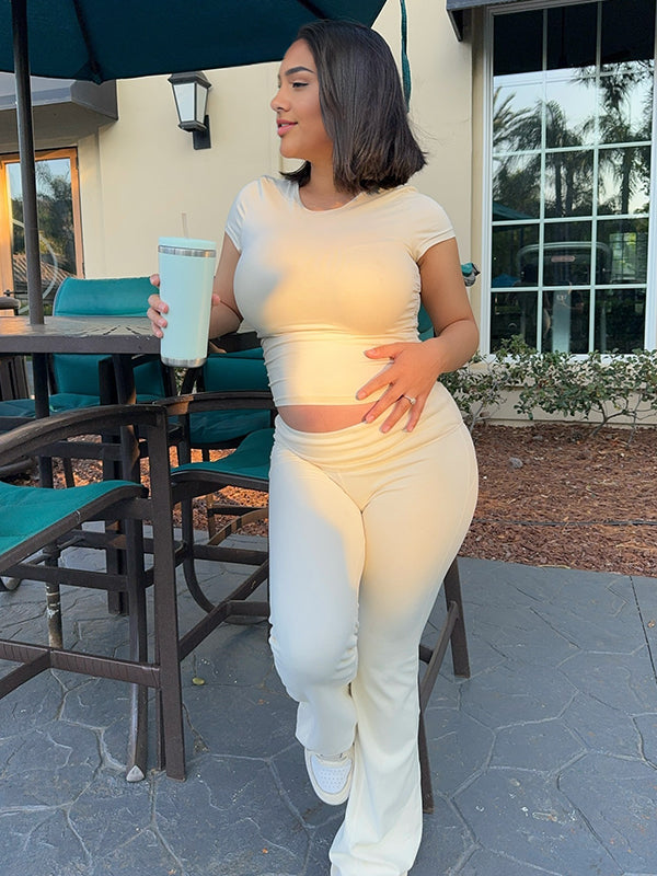 fotobeyou Solid Color Two Piece Lounge Set Short Sleeve Crop Top And Foldover Flare Pants Casual Maternity Yoga Going Out Outfit