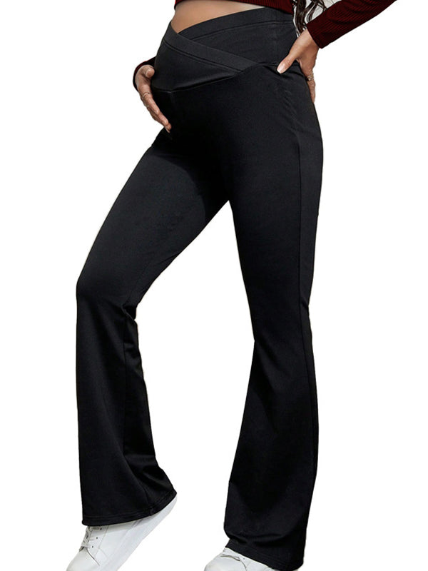 fotobeyou Black Over The Belly Flare Bell Bottom High Waisted Work Cozy Pants Casual Maternity Trousers