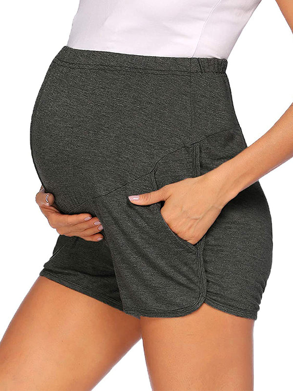 fotobeyou Solid Color Over The Belly Side Slits Pockets High Waisted Workout Cozy Pants Casual Maternity Shorts