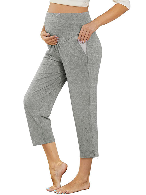 fotobeyou Solid Color Over The Belly Pockets High Waisted Workout Cozy Straight Pants Casual Maternity Trousers