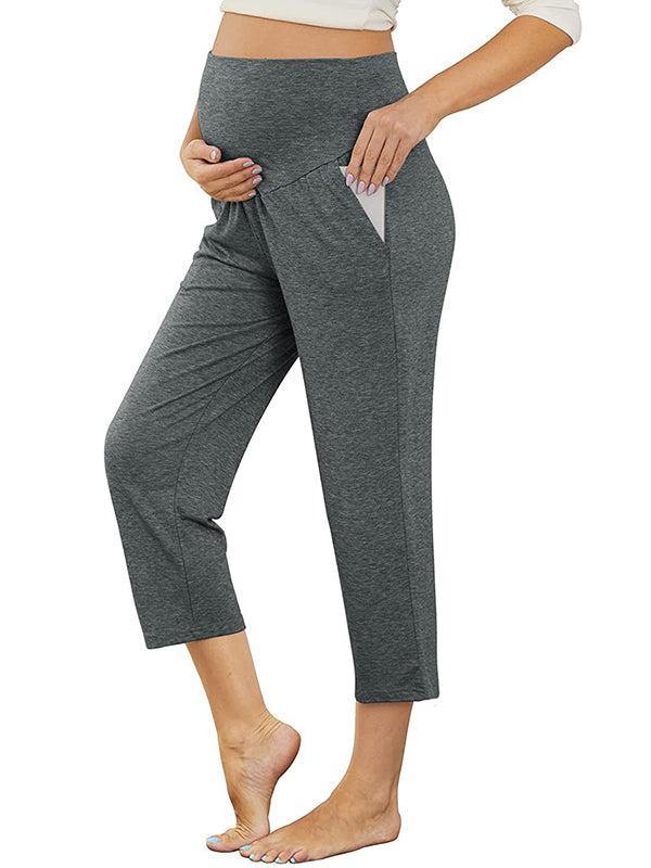 fotobeyou Solid Color Over The Belly Pockets High Waisted Workout Cozy Straight Pants Casual Maternity Trousers