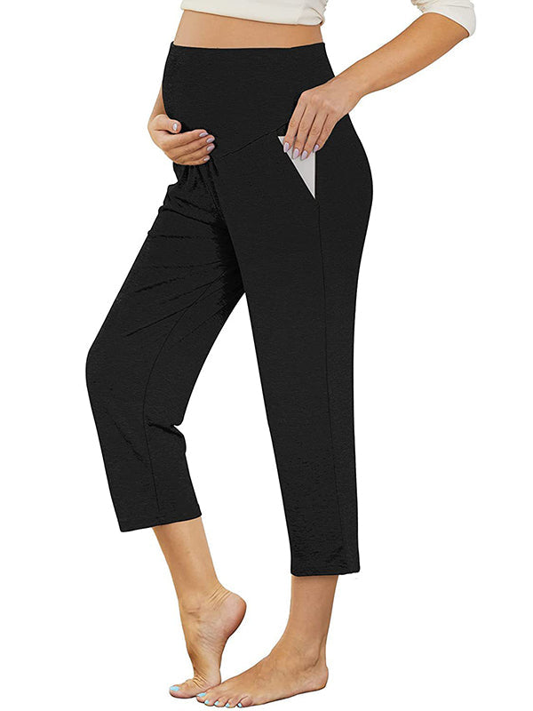 fotobeyou Solid Color Over The Belly Pockets High Waisted Workout Cozy Straight Pants Casual Maternity Trousers