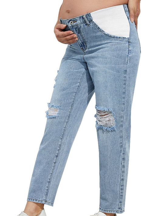 fotobeyou Straight Leg Comfy Stretch Low-Rise Ripped Distressed Denim Pregnancy Pants Casual Boyfriend Maternity Jeans