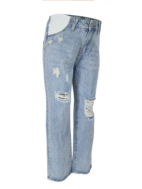 fotobeyou Straight Leg Comfy Stretch Low-Rise Ripped Distressed Denim Pregnancy Pants Casual Boyfriend Maternity Jeans