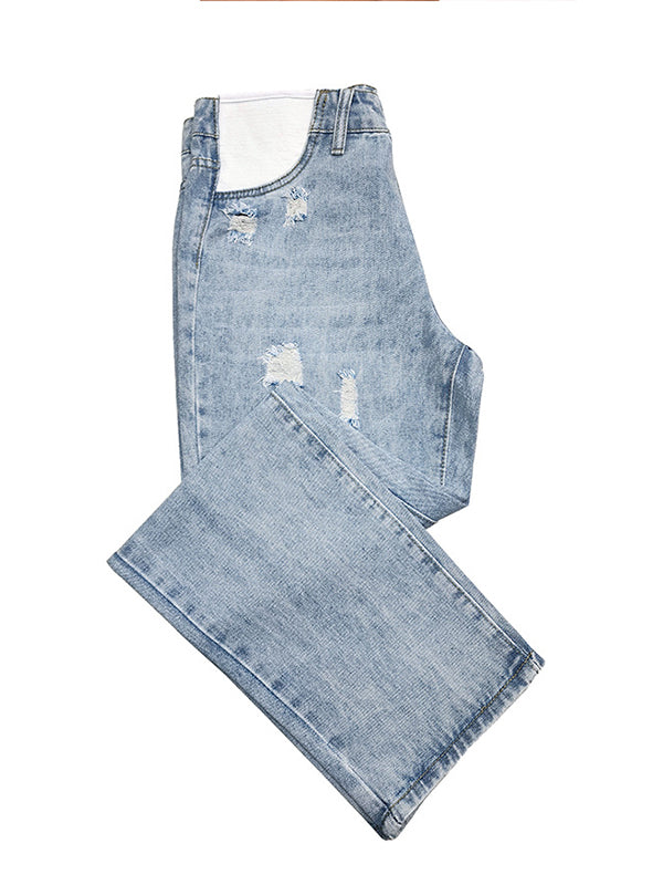 fotobeyou Straight Leg Comfy Stretch Low-Rise Ripped Distressed Denim Pregnancy Pants Casual Boyfriend Maternity Jeans