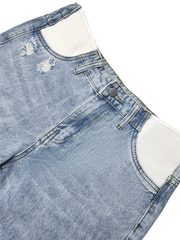 fotobeyou Straight Leg Comfy Stretch Low-Rise Ripped Distressed Denim Pregnancy Pants Casual Boyfriend Maternity Jeans