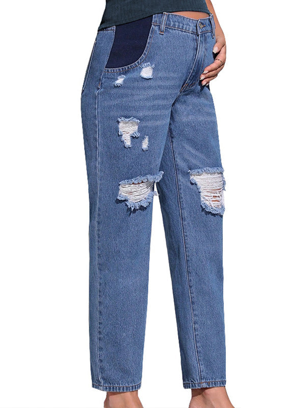 fotobeyou Straight Leg Comfy Stretch Low-Rise Ripped Distressed Denim Pregnancy Pants Casual Boyfriend Maternity Jeans