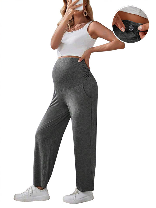 fotobeyou Solid Color Pockets Over The Belly Comfy Loose Wide Leg Cozy Casual Daily Trousers Maternity Yoga Workout Pants