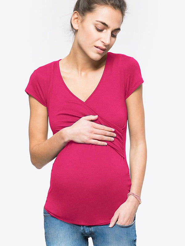 fotobeyou Cross Front V-Neck Breastfeeding Shirts Postpartum T-Shirt Plus Size Nursing Top