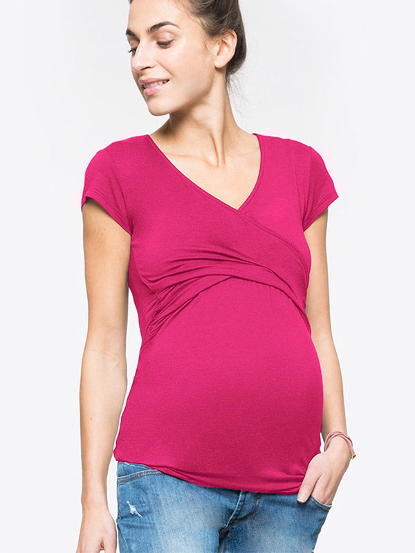 fotobeyou Cross Front V-Neck Breastfeeding Shirts Postpartum T-Shirt Plus Size Nursing Top