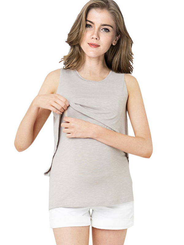 fotobeyou Solid Color Ruffled Sleeveless Breastfeeding Basic Tank Top Casual Daily Maternity Nursing Top