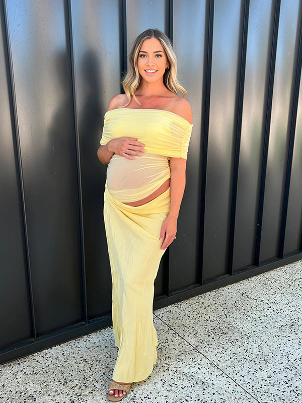 fotobeyou Mesh Patchwork Off Shoulder Ruched Cut Out Bodycon Elegant Cocktail Party Maternity Baby Shower Maxi Dress