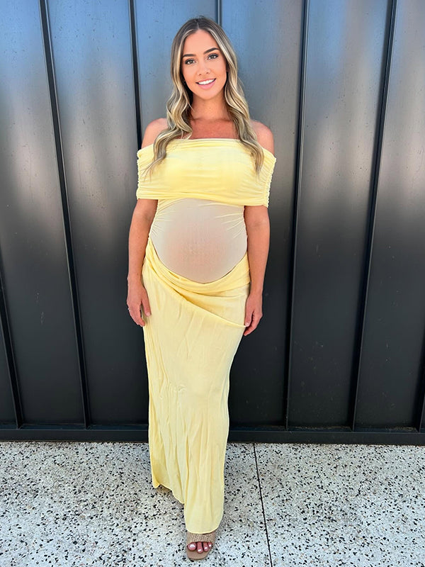 fotobeyou Mesh Patchwork Off Shoulder Ruched Cut Out Bodycon Elegant Cocktail Party Maternity Baby Shower Maxi Dress