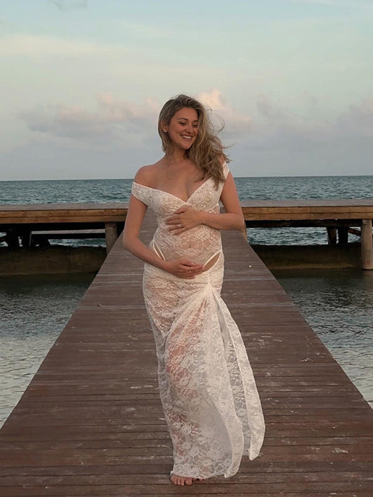fotobeyou Lace Off Shoulder Backless Bodysuit And Ruched Bodycon Skirt Two Piece Set Elegant Sheer Maternity Photoshoot Maxi Dress