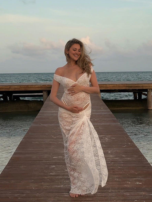 fotobeyou Lace Off Shoulder Backless Bodysuit And Ruched Bodycon Skirt Two Piece Set Elegant Sheer Maternity Photoshoot Maxi Dress
