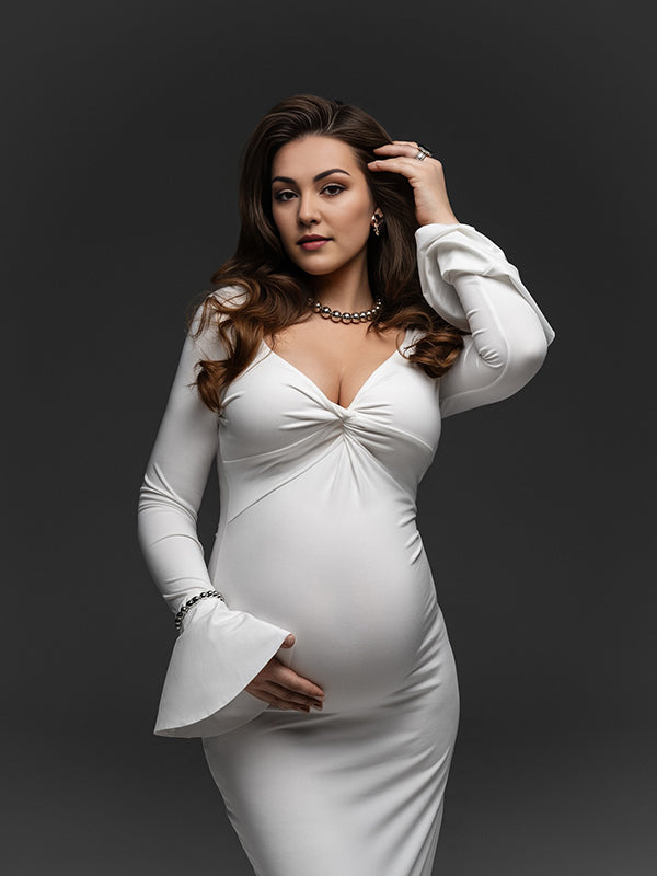 fotobeyou White Cross Chest Ruched Ruffle Falbala Sweetheart Neckline Flare Sleeve Bodycon Mermaid Elegant Maternity Photoshoot Maxi Dress