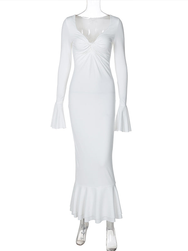fotobeyou White Cross Chest Ruched Ruffle Falbala Sweetheart Neckline Flare Sleeve Bodycon Mermaid Elegant Maternity Photoshoot Maxi Dress