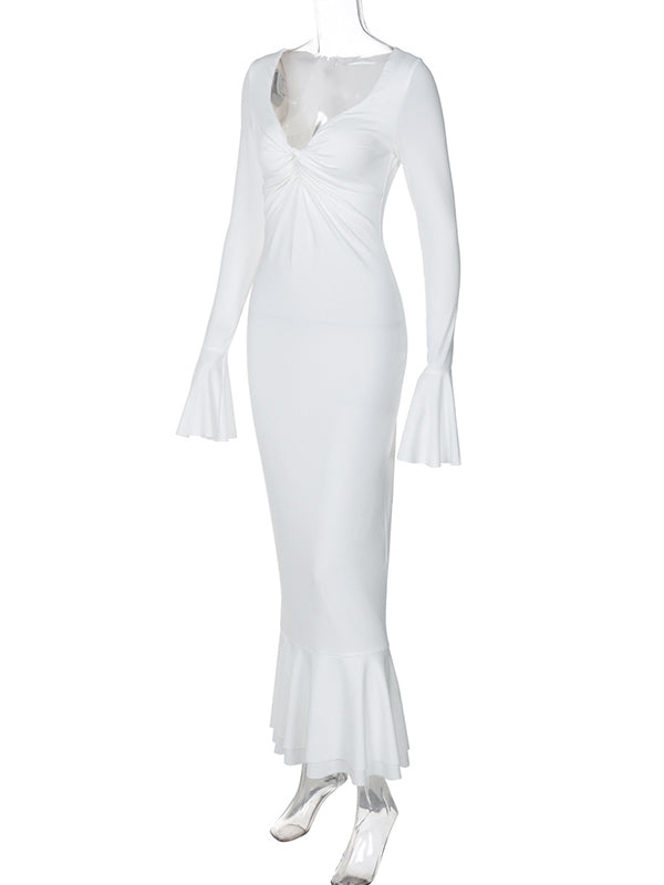 fotobeyou White Cross Chest Ruched Ruffle Falbala Sweetheart Neckline Flare Sleeve Bodycon Mermaid Elegant Maternity Photoshoot Maxi Dress