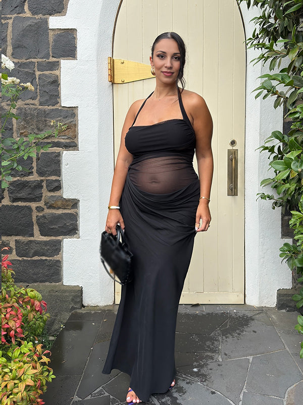 fotobeyou Mesh Patchwork Ruched Cut Out Halter Neck Backless Bodycon Elegant Maternity Baby Shower Party Maxi Dress