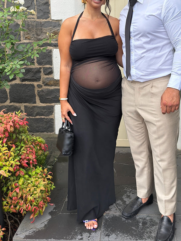 fotobeyou Mesh Patchwork Ruched Cut Out Halter Neck Backless Bodycon Elegant Maternity Baby Shower Party Maxi Dress
