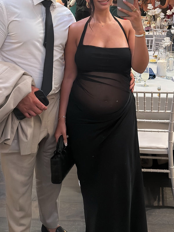 fotobeyou Mesh Patchwork Ruched Cut Out Halter Neck Backless Bodycon Elegant Maternity Baby Shower Party Maxi Dress