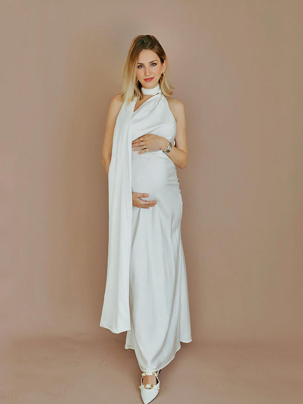 fotobeyou White Draped Sleeveless Mermaid Bodycon Elegant Maternity Photoshoot Maxi Dress
