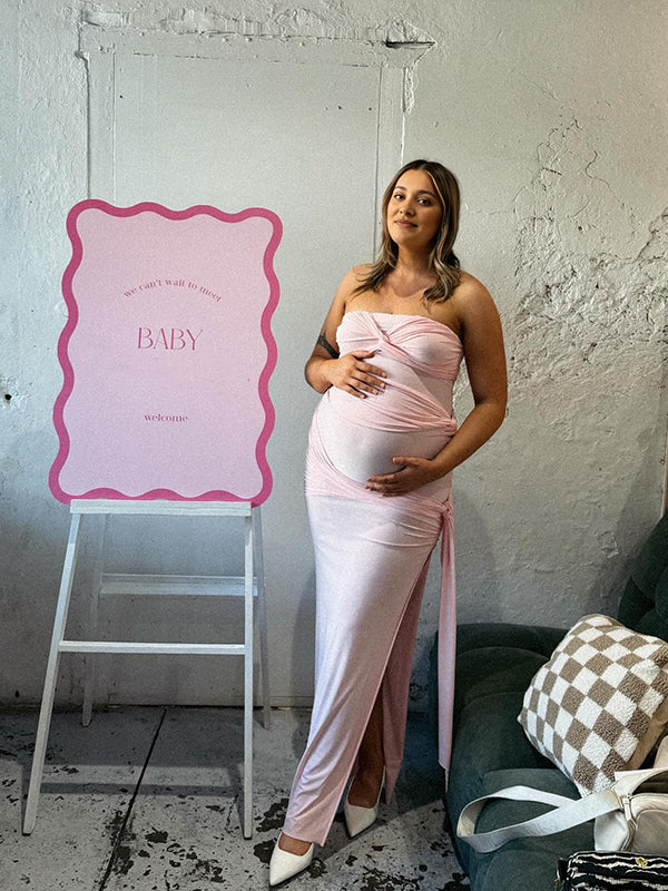 fotobeyou Pink Bandeau Ruched Knot Tie Side Slit Draped Strapless Bodycon Elegant Maternity Photoshoot Baby Shower Maxi Dress