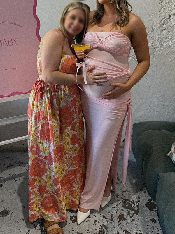 fotobeyou Pink Bandeau Ruched Knot Tie Side Slit Draped Strapless Bodycon Elegant Maternity Photoshoot Baby Shower Maxi Dress