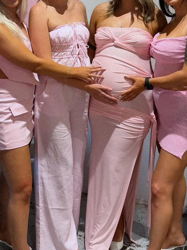 fotobeyou Pink Bandeau Ruched Knot Tie Side Slit Draped Strapless Bodycon Elegant Maternity Photoshoot Baby Shower Maxi Dress