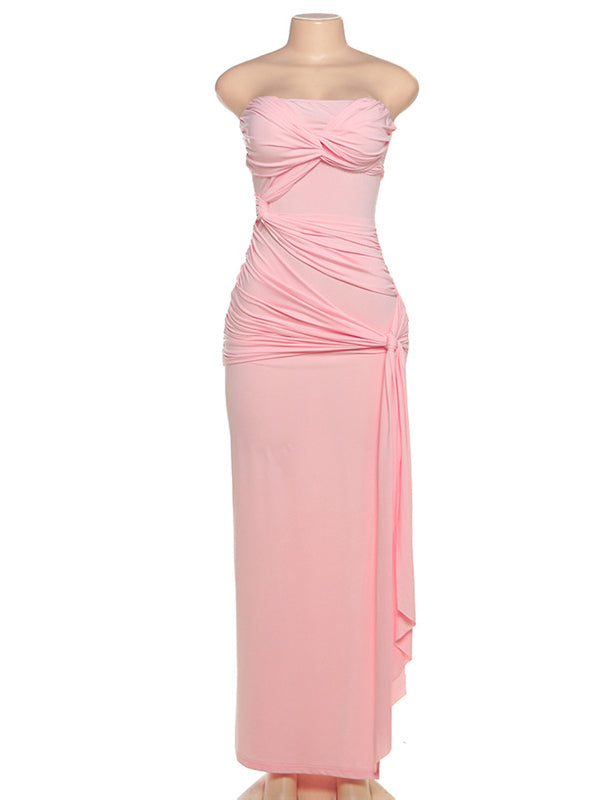 fotobeyou Pink Bandeau Ruched Knot Tie Side Slit Draped Strapless Bodycon Elegant Maternity Photoshoot Baby Shower Maxi Dress