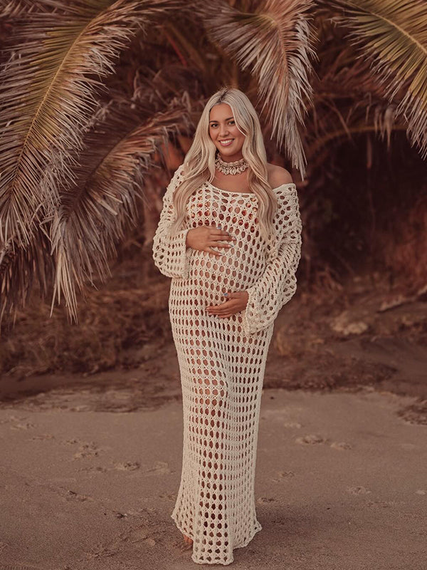 fotobeyou Apricot Hollow Out Knitted Off Shoulder Baby Moon Beach Cover Up Elegant Sheer Maternity Photoshoot Maxi Dress