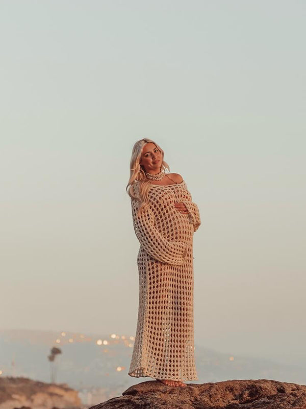fotobeyou Apricot Hollow Out Knitted Off Shoulder Baby Moon Beach Cover Up Elegant Sheer Maternity Photoshoot Maxi Dress