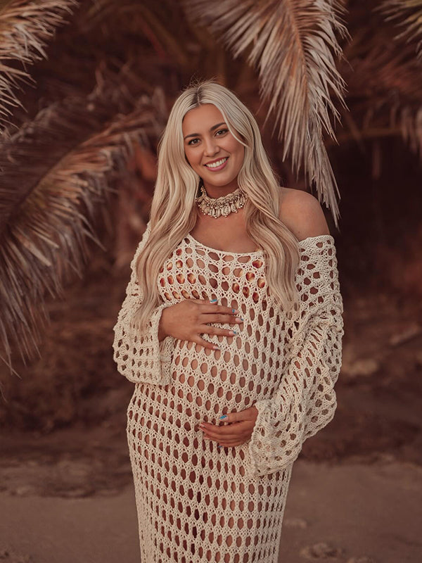 fotobeyou Apricot Hollow Out Knitted Off Shoulder Baby Moon Beach Cover Up Elegant Sheer Maternity Photoshoot Maxi Dress