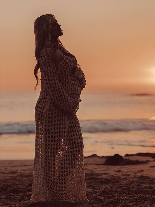 fotobeyou Apricot Hollow Out Knitted Off Shoulder Baby Moon Beach Cover Up Elegant Sheer Maternity Photoshoot Maxi Dress