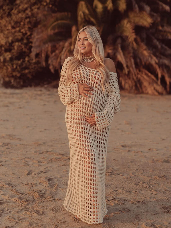 fotobeyou Apricot Hollow Out Knitted Off Shoulder Baby Moon Beach Cover Up Elegant Sheer Maternity Photoshoot Maxi Dress