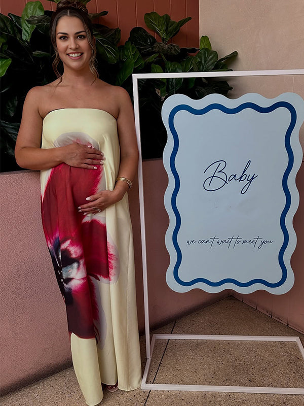 fotobeyou Floral Printed Satin Bandeau Strapless Backless Elegant Maternity Baby Shower Maxi Dress