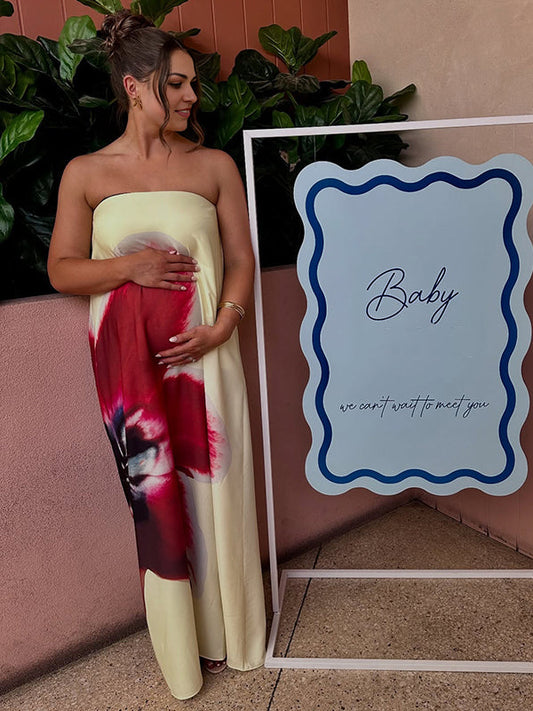 fotobeyou Floral Printed Satin Bandeau Strapless Backless Elegant Maternity Baby Shower Maxi Dress