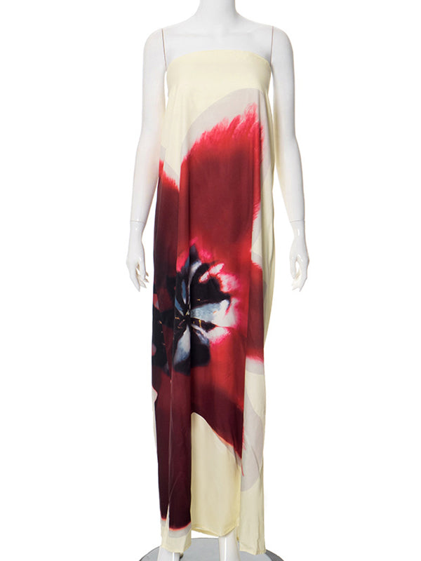 fotobeyou Floral Printed Satin Bandeau Strapless Backless Elegant Maternity Baby Shower Maxi Dress