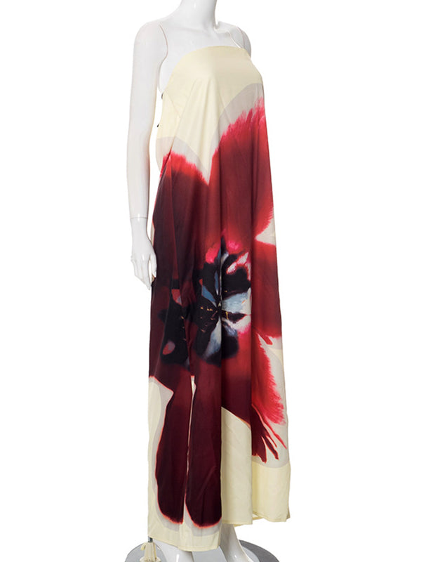 fotobeyou Floral Printed Satin Bandeau Strapless Backless Elegant Maternity Baby Shower Maxi Dress
