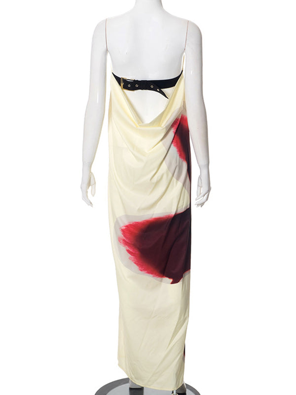 fotobeyou Floral Printed Satin Bandeau Strapless Backless Elegant Maternity Baby Shower Maxi Dress