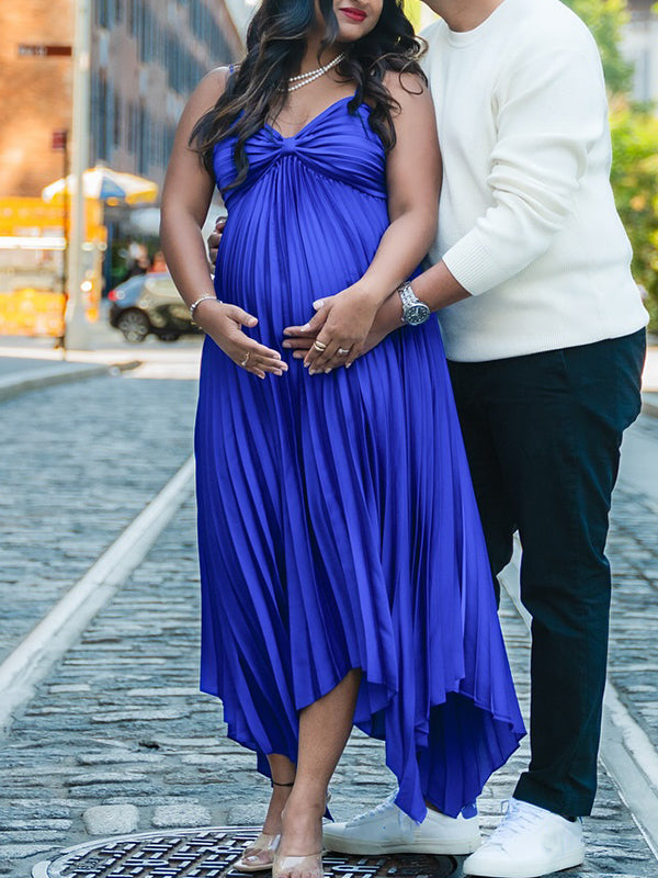 fotobeyou Royal Blue Satin Pleated Cami Big Swing Irregular Hem Elegant Maternity Photoshoot Maxi Dress