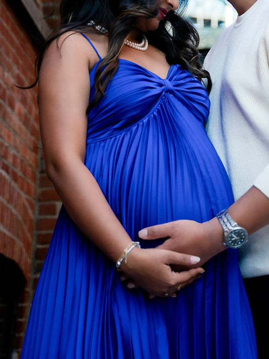 fotobeyou Royal Blue Satin Pleated Cami Big Swing Irregular Hem Elegant Maternity Photoshoot Maxi Dress