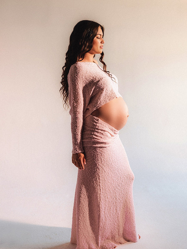 fotobeyou Knitted Ruched Two Piece Set Off Shoulder Crop Top And Bodycon Skirt Elegant Maternity Photoshoot Photoshoot Maxi Dress