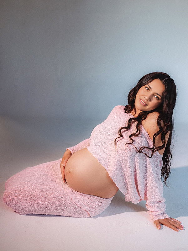 fotobeyou Knitted Ruched Two Piece Set Off Shoulder Crop Top And Bodycon Skirt Elegant Maternity Photoshoot Photoshoot Maxi Dress